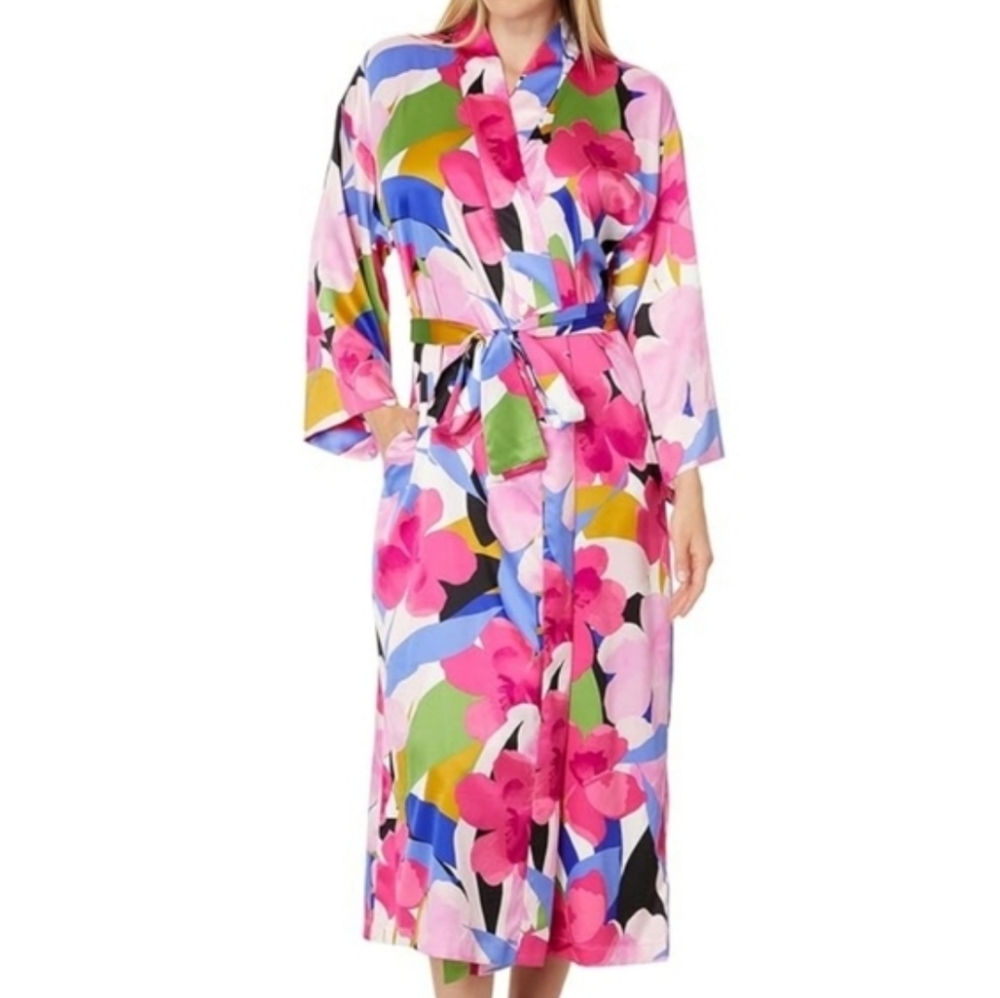 Natori‎ Bonita Floral Satin Robe Size XL Pink Multicolor Spring Summer